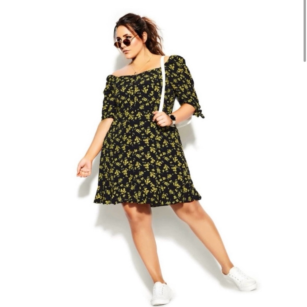 City Chic Black Yellow Smocked Dress Button Down Front Tie Sleeves